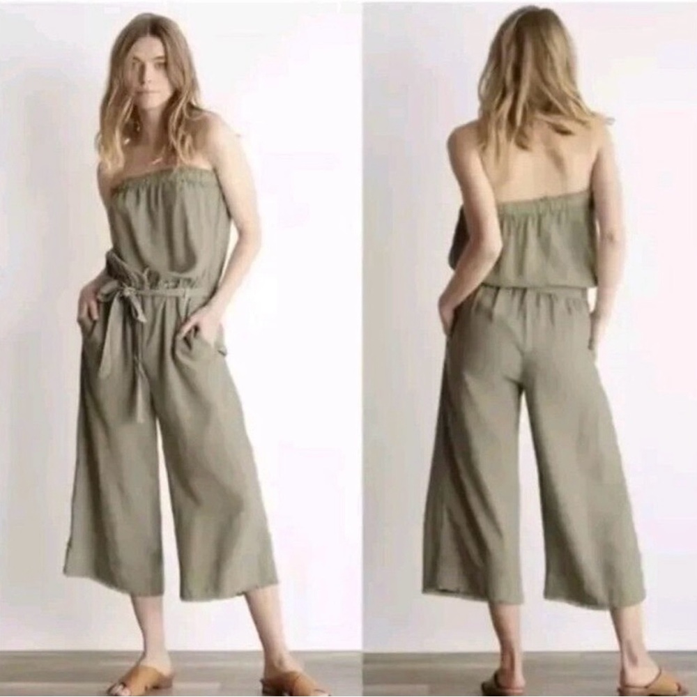 cloth & stone Anthropologie Khaki Linen Strapless Wide-Leg Cropped Jumpsuit M